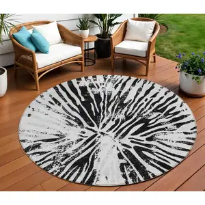 Photo of 8' Ivory Black And Gray Round Abstract Washable Indoor Outdoor Area Rug