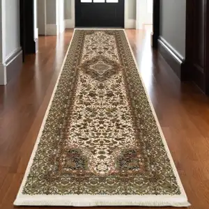 Photo of 10' Ivory Black And Light Brown Medallion Runner Rug With Fringe