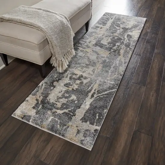 8' Ivory Black and Gray Abstract Distressed Runner Rug Photo 6