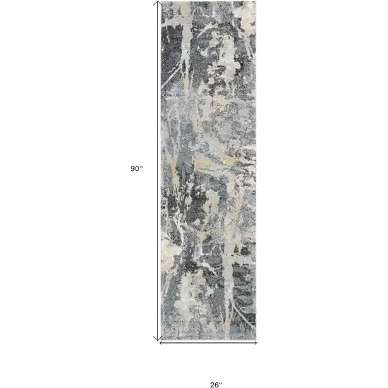 8' Ivory Black and Gray Abstract Distressed Runner Rug Photo 3