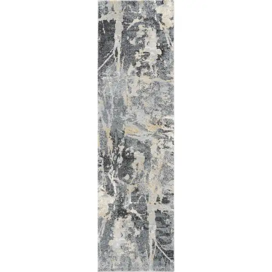 8' Ivory Black and Gray Abstract Distressed Runner Rug Photo 2