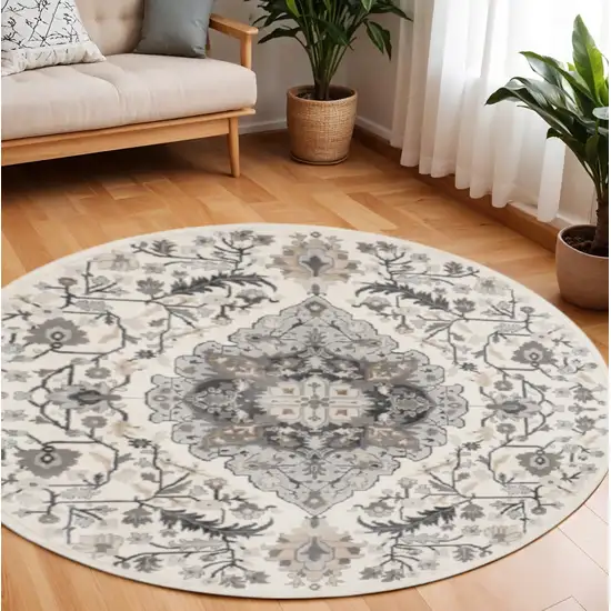 8' Ivory Black and Gray Floral Medallion Non Skid Round Rug Photo 1