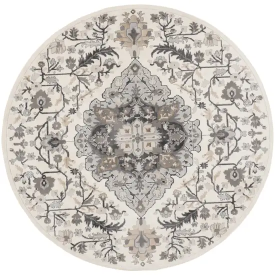 8' Ivory Black and Gray Floral Medallion Non Skid Round Rug Photo 2