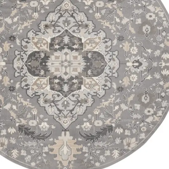 8' Ivory Black and Gray Floral Medallion Non Skid Round Rug Photo 9