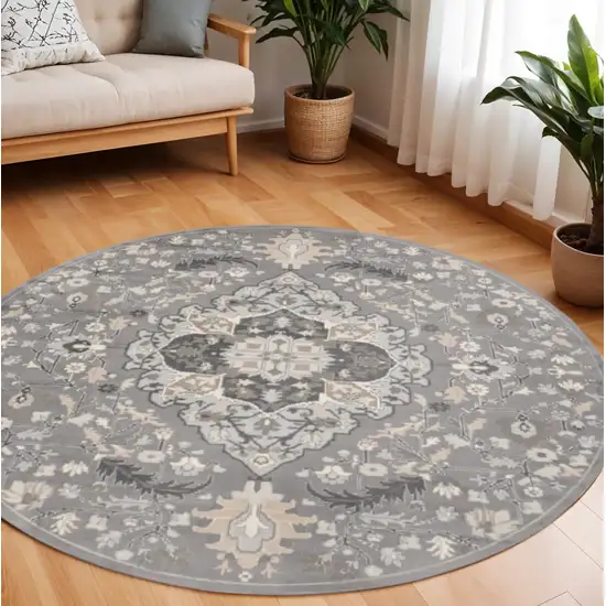 8' Ivory Black and Gray Floral Medallion Non Skid Round Rug Photo 1