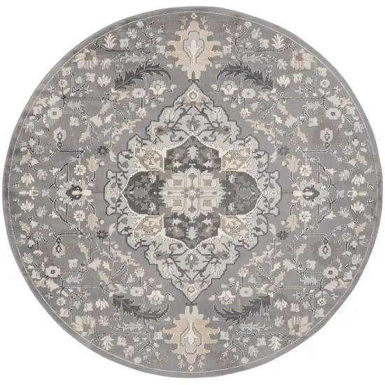 8' Ivory Black and Gray Floral Medallion Non Skid Round Rug Photo 2