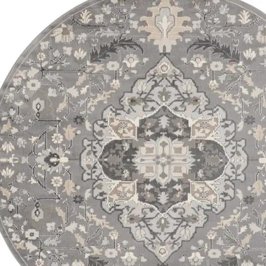 5' Ivory Black and Gray Floral Medallion Non Skid Round Rug Photo 9