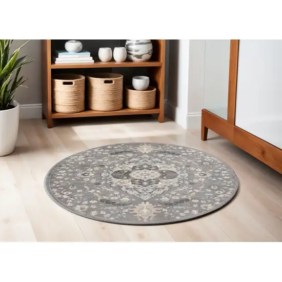 5' Ivory Black and Gray Floral Medallion Non Skid Round Rug Photo 1