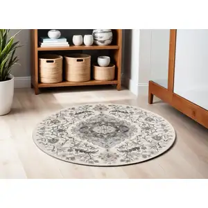 Photo of 5' Ivory Black and Gray Floral Medallion Non Skid Round Rug