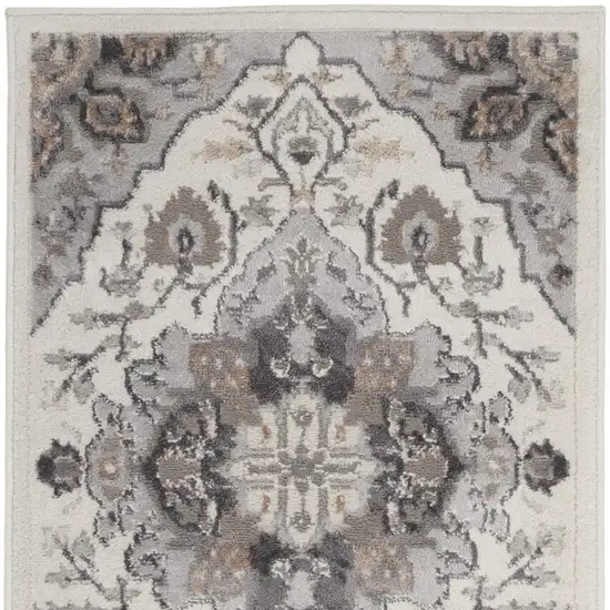 8' Ivory Black and Gray Floral Medallion Non Skid Runner Rug Photo 9