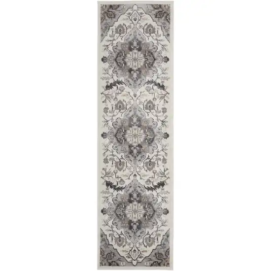 8' Ivory Black and Gray Floral Medallion Non Skid Runner Rug Photo 2