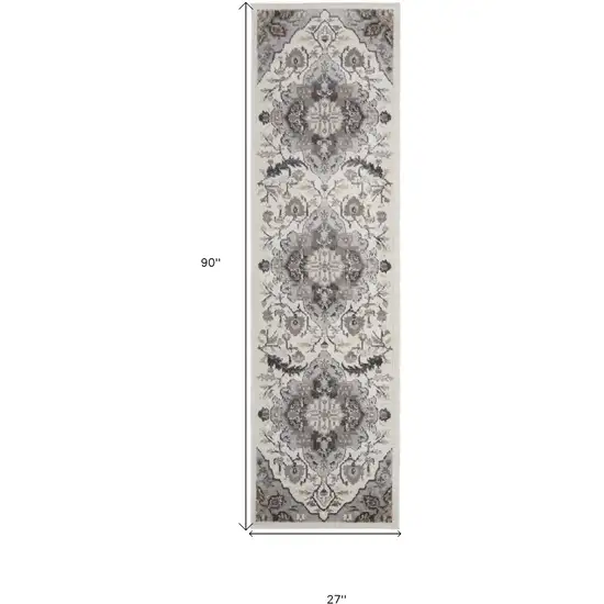 8' Ivory Black and Gray Floral Medallion Non Skid Runner Rug Photo 3