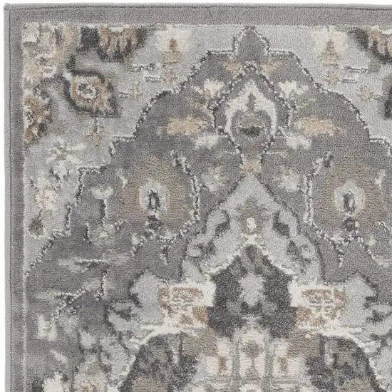 8' Ivory Black and Gray Floral Medallion Non Skid Runner Rug Photo 8