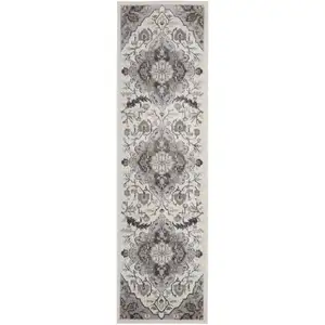 Photo of 6' Ivory Black and Gray Floral Medallion Non Skid Runner Rug