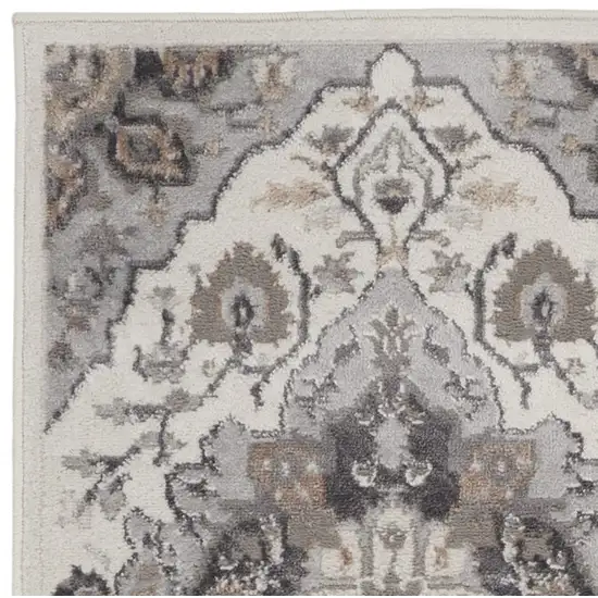 6' Ivory Black and Gray Floral Medallion Non Skid Runner Rug Photo 8