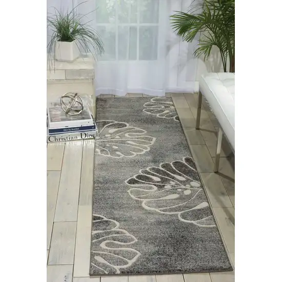 8' Ivory Black and Gray Floral Non Skid Runner Rug Photo 6