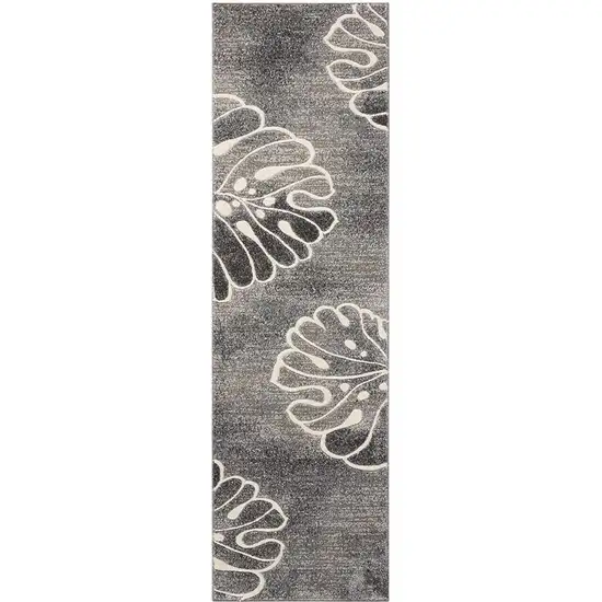 8' Ivory Black and Gray Floral Non Skid Runner Rug Photo 1