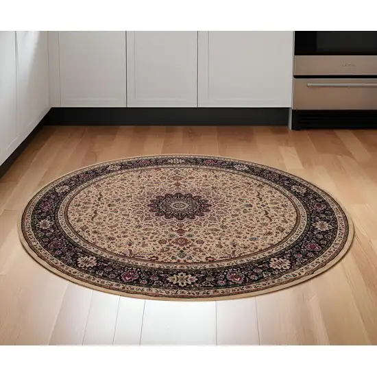 6' Ivory Black and Red Oriental Round Rug Photo 1