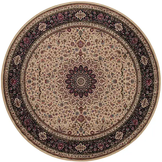 6' Ivory Black and Red Oriental Round Rug Photo 2