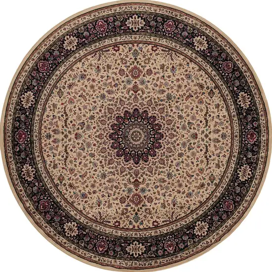 6' Ivory Black and Red Oriental Round Rug Photo 5