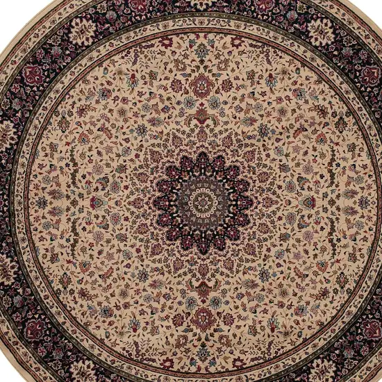 6' Ivory Black and Red Oriental Round Rug Photo 4