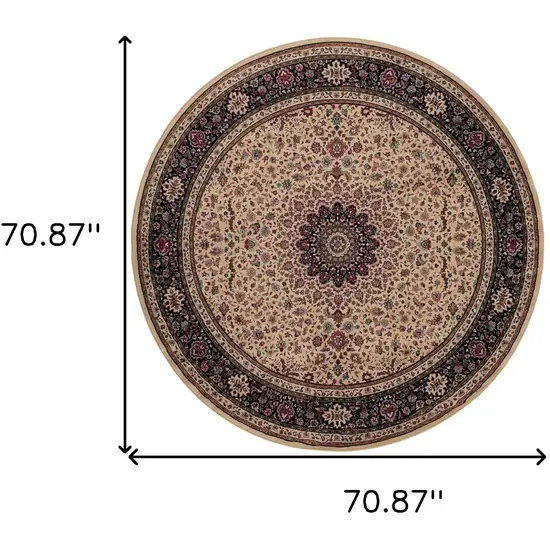 6' Ivory Black and Red Oriental Round Rug Photo 3