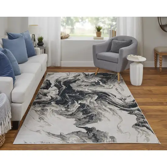 8' Ivory Black and Taupe Abstract Power Loom Runner Rug Photo 6