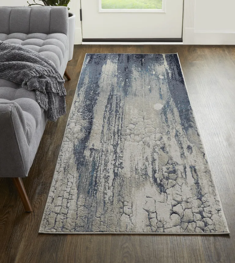 8' Ivory Blue And Black Abstract Power Loom Distressed Runner Rug Photo 3