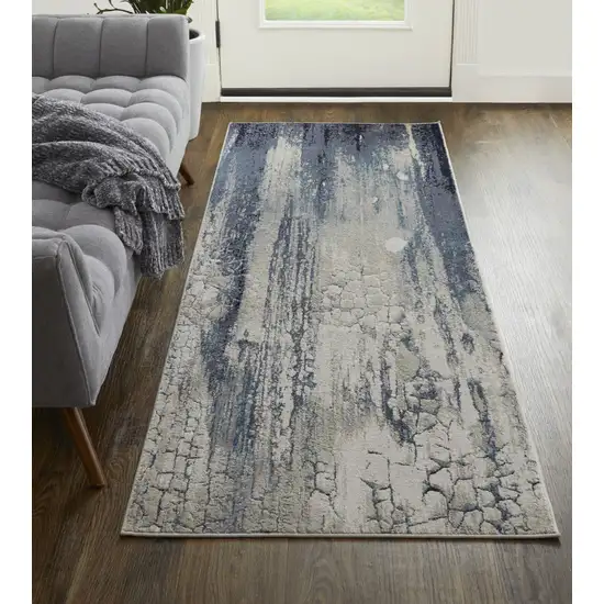 8' Ivory Blue And Black Abstract Power Loom Distressed Runner Rug Photo 2