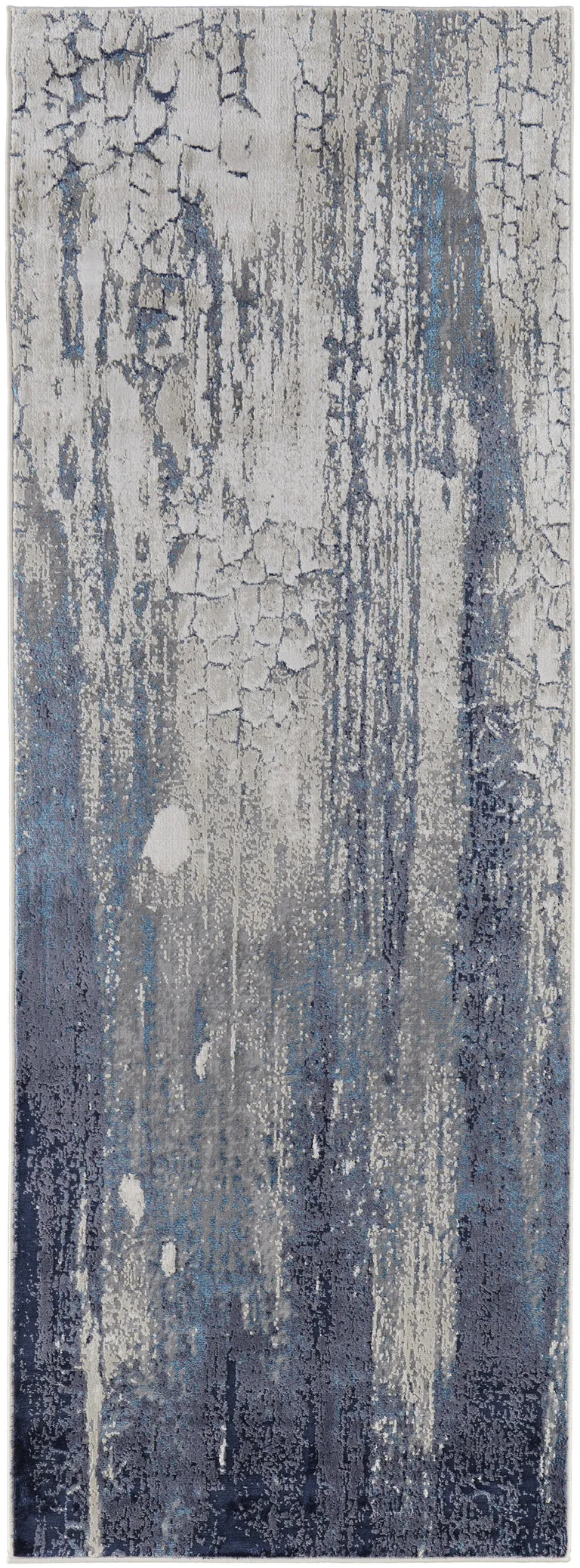 8' Ivory Blue And Black Abstract Power Loom Distressed Runner Rug Photo 2