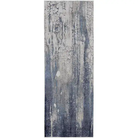 8' Ivory Blue And Black Abstract Power Loom Distressed Runner Rug Photo 1