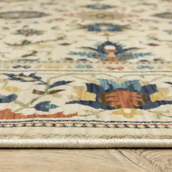 8' Ivory Blue And Brown Oriental Runner Rug With Fringe Photo 6