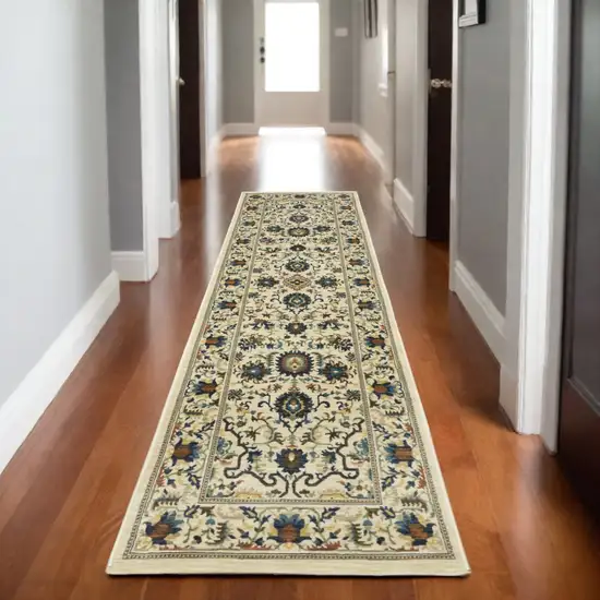 8' Ivory Blue And Brown Oriental Runner Rug With Fringe Photo 1