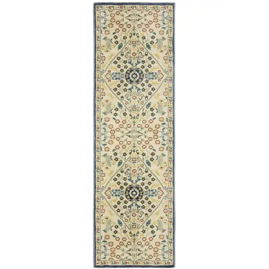 8' Ivory Blue And Burnt Orange Oriental Runner Rug With Fringe Photo 5