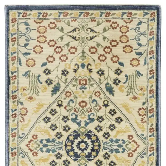 8' Ivory Blue And Burnt Orange Oriental Runner Rug With Fringe Photo 4