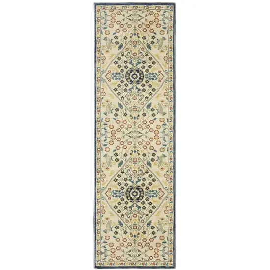 8' Ivory Blue And Burnt Orange Oriental Runner Rug With Fringe Photo 2