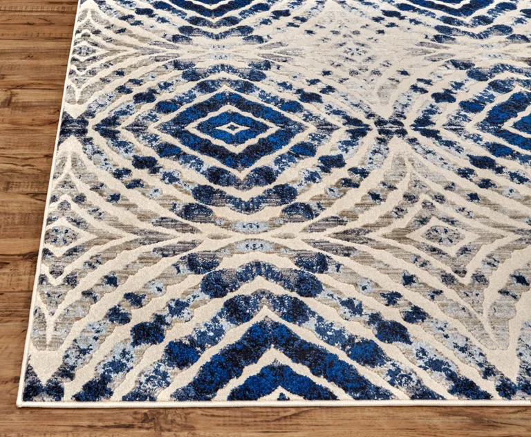 8' Ivory Blue And Gray Abstract Distressed Stain Resistant Runner Rug Photo 1