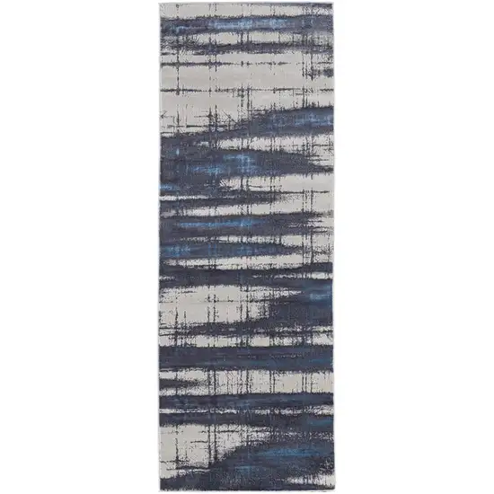 8' Ivory Blue And Gray Abstract Power Loom Distressed Runner Rug Photo 1