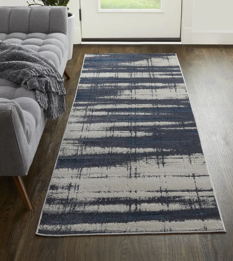 8' Ivory Blue And Gray Abstract Power Loom Distressed Runner Rug Photo 5