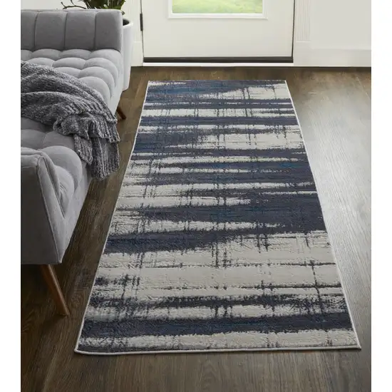 8' Ivory Blue And Gray Abstract Power Loom Distressed Runner Rug Photo 4