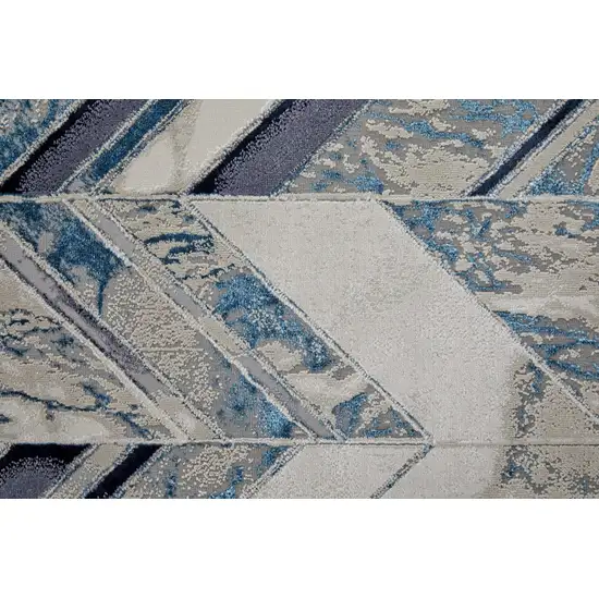 8' Ivory Blue And Gray Chevron Power Loom Distressed Runner Rug Photo 3