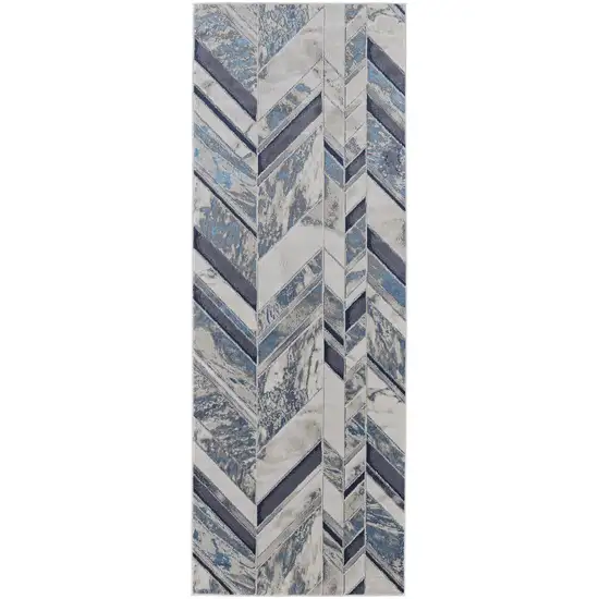 8' Ivory Blue And Gray Chevron Power Loom Distressed Runner Rug Photo 1