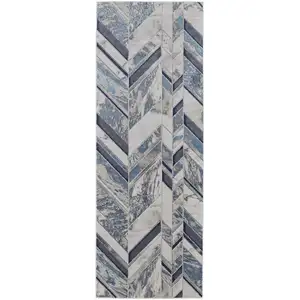 Photo of 8' Ivory Blue And Gray Chevron Power Loom Distressed Runner Rug