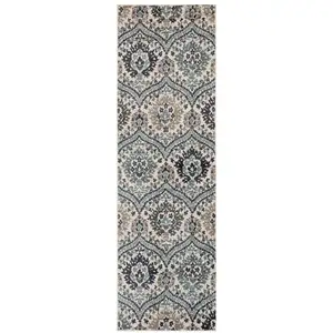 Photo of 8' Ivory Blue And Gray Floral Stain Resistant Runner Rug