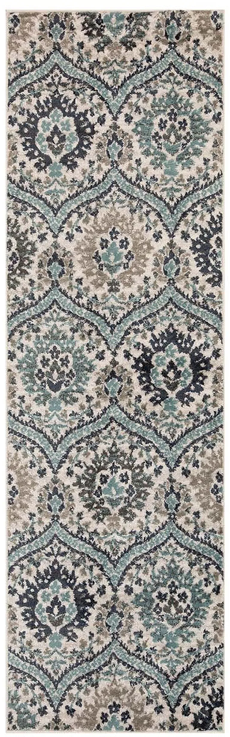 8' Ivory Blue And Gray Floral Stain Resistant Runner Rug Photo 1