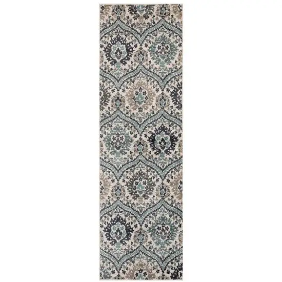 8' Ivory Blue And Gray Floral Stain Resistant Runner Rug Photo 1