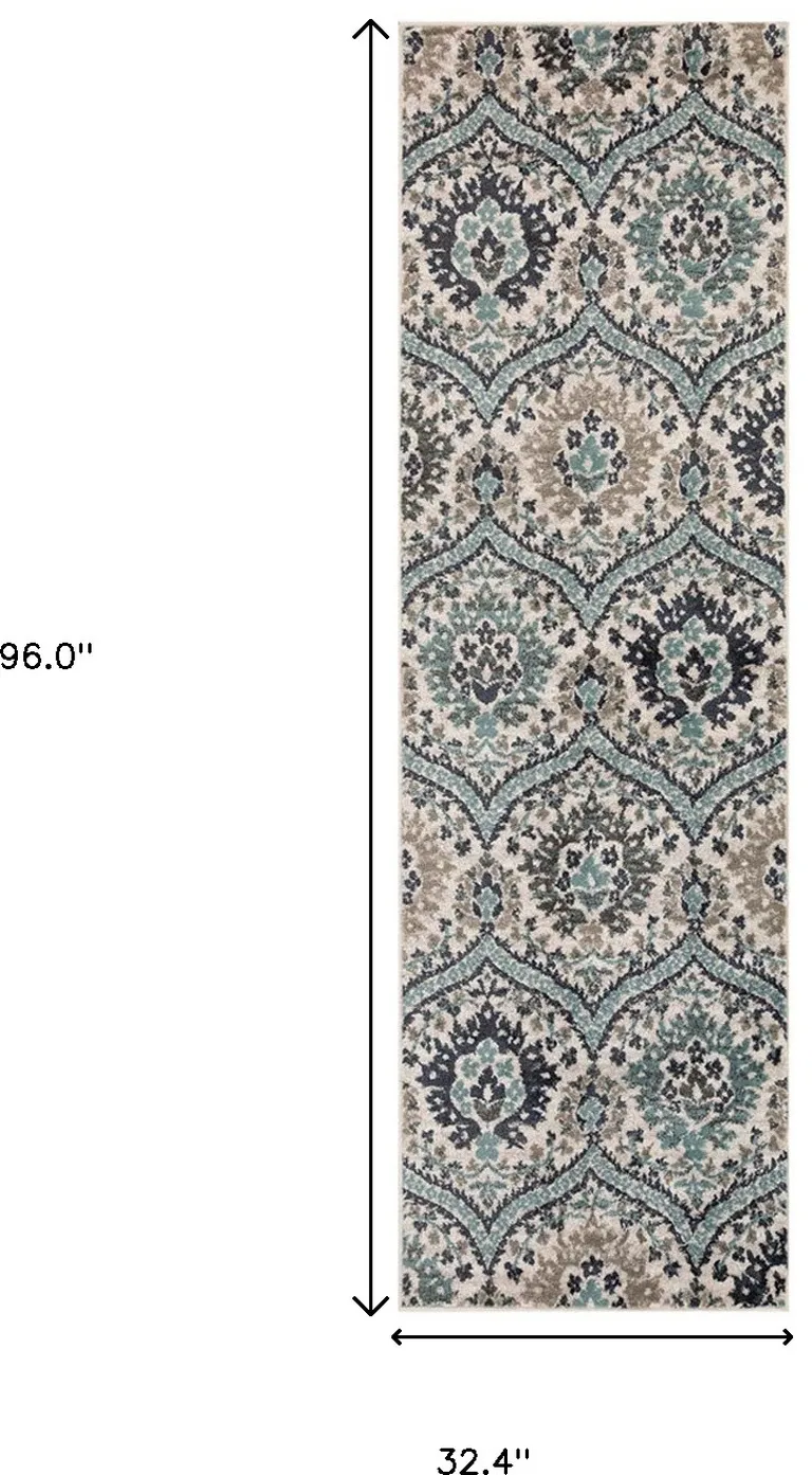 8' Ivory Blue And Gray Floral Stain Resistant Runner Rug Photo 5