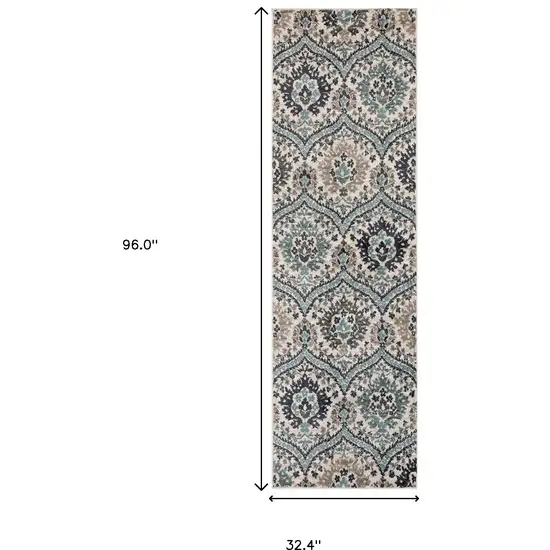 8' Ivory Blue And Gray Floral Stain Resistant Runner Rug Photo 5