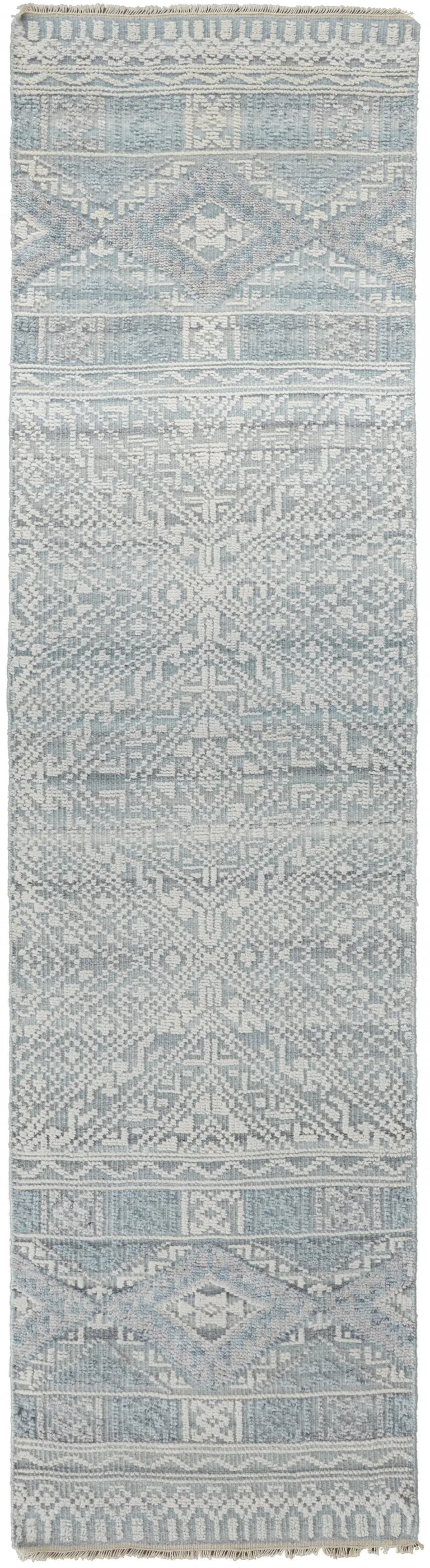 10' Ivory Blue And Gray Geometric Hand Knotted Runner Rug Photo 1