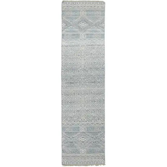 10' Ivory Blue And Gray Geometric Hand Knotted Runner Rug Photo 1